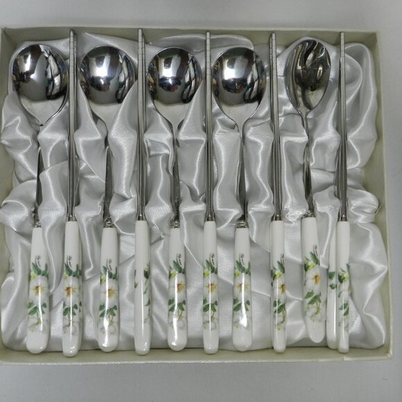 Porcelain Chopstick w/ Long Spoon Set for 5 floral green white 9" Long flatware - Picture 2 of 8